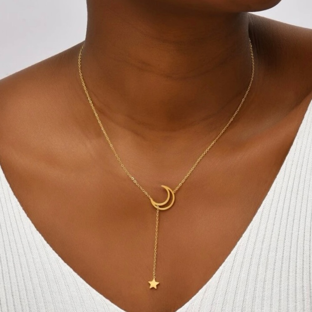 Boho Multilayer gold plated Pendant Crescent Moon star dainty dangle necklace